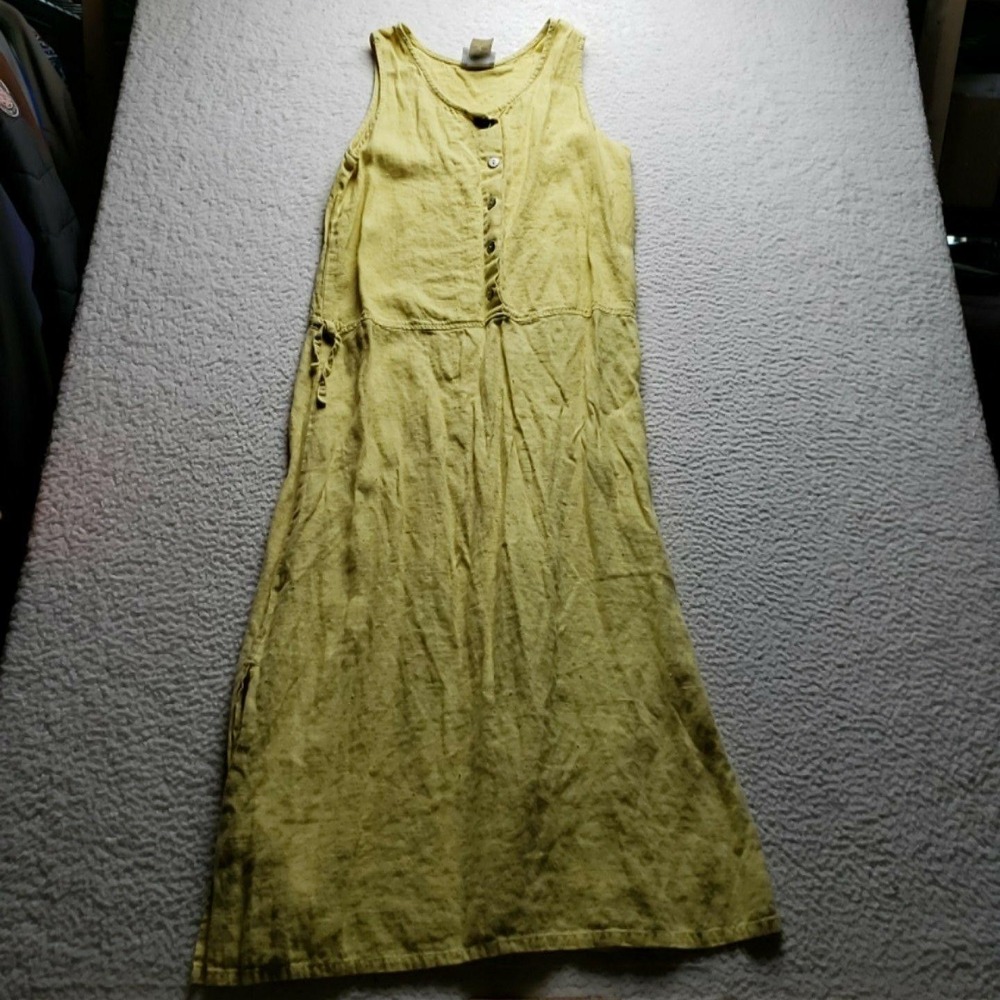 Studio Ease Dress Womens Large Yellow Solid Sleeveless Scoop Neck Linen Maxi